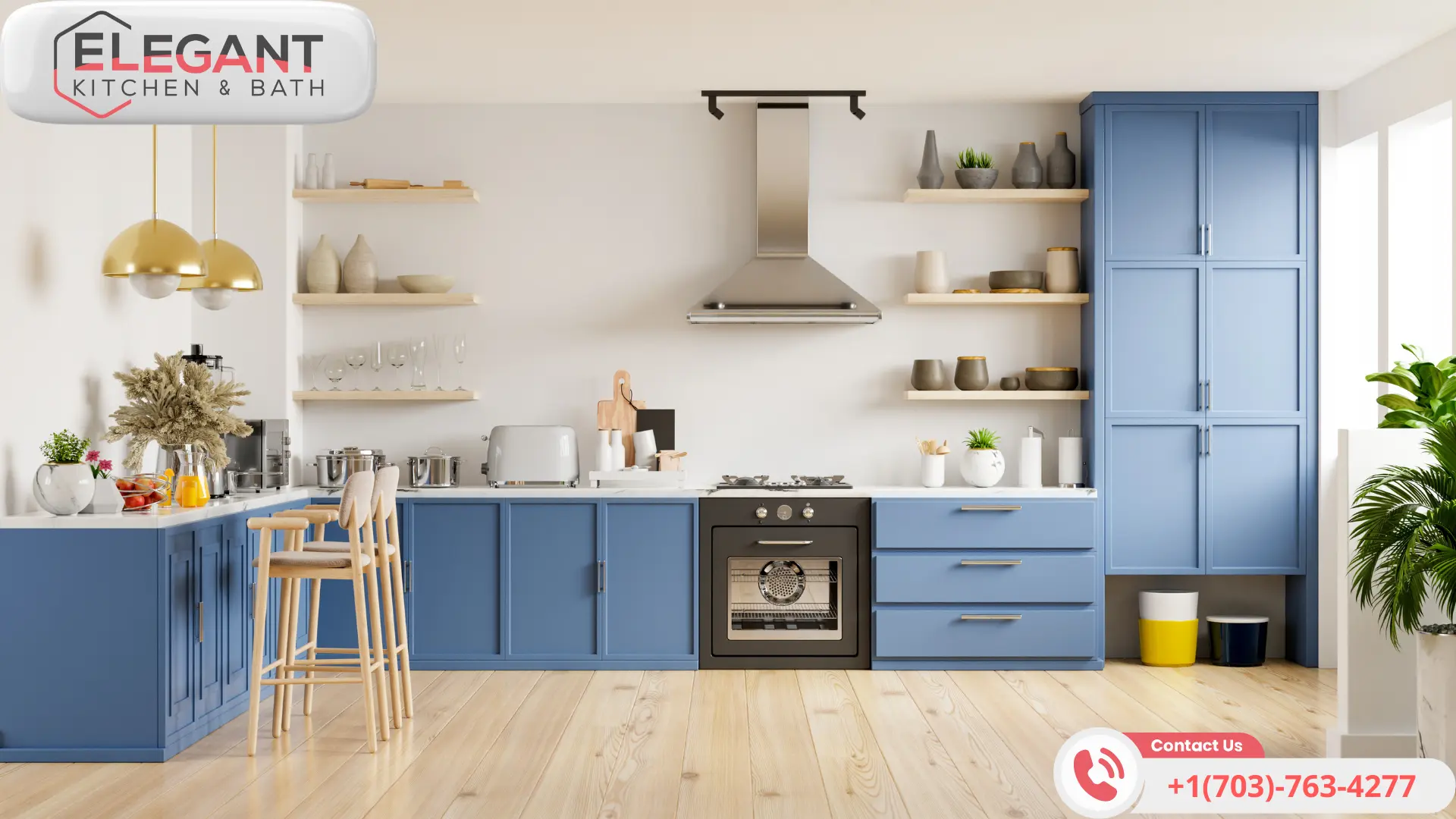 Blue-Framed-Kitchen-Cabinet with The Basics of Each Cabinet Type