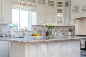 a kitchen countertop made of sleek quartz, showcasing a seamless blend of natural minerals and resins.