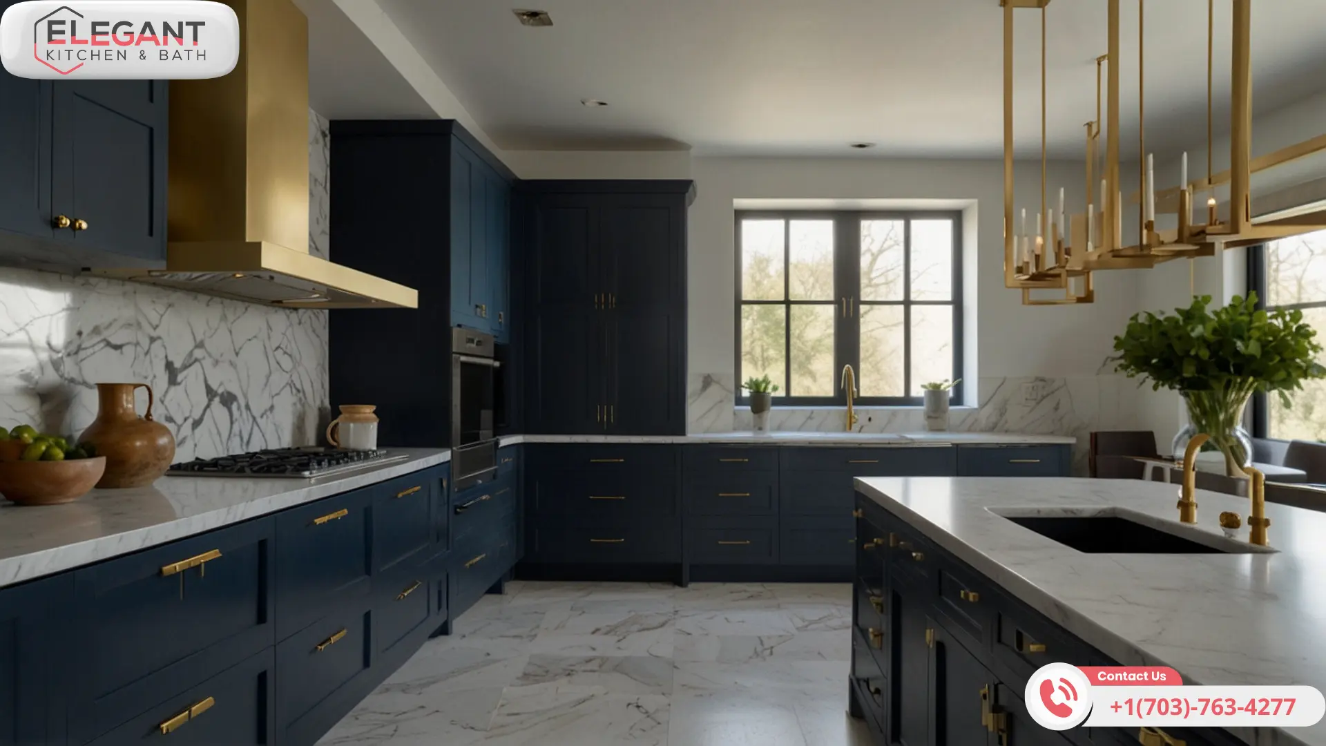 light in kitchen with blue custom kitchen cabinets