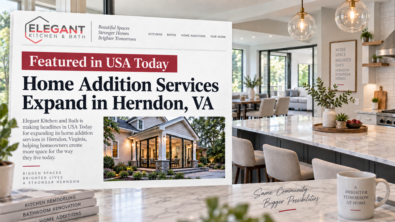 Featured in USA Today graphic with Elegant Kitchen and Bath logo for Herndon home addition services