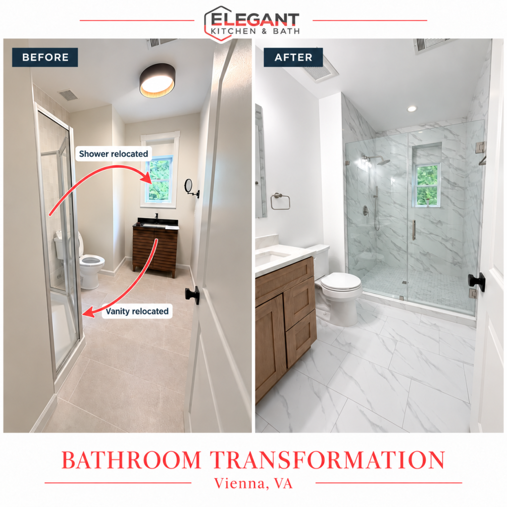 Before and after bathroom remodel in Vienna VA showing a corner shower changed into a larger glass shower layout
