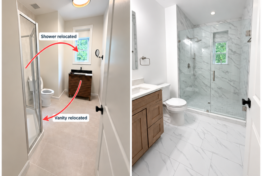 Before and after bathroom remodel in Vienna VA showing a corner shower changed into a larger glass shower layout Before and after bathroom remodel in Vienna VA showing a corner shower changed into a larger glass shower layout